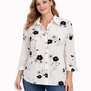 Vintage HARVE BENARD Size Medium Linen Cotton Blend Floral 3/4 Sleeve Blouse EUC